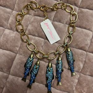 Betsey Johnson Gold Necklace with Blue Fish Charms
